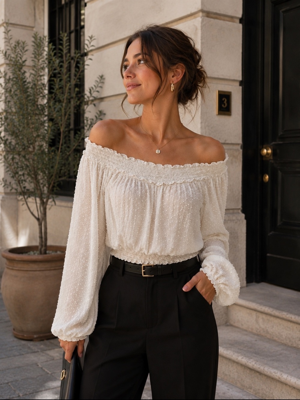 H&M Cream Swiss Dot Off Shoulder Cropped Blouse XL Boho - Picture 3 of 7